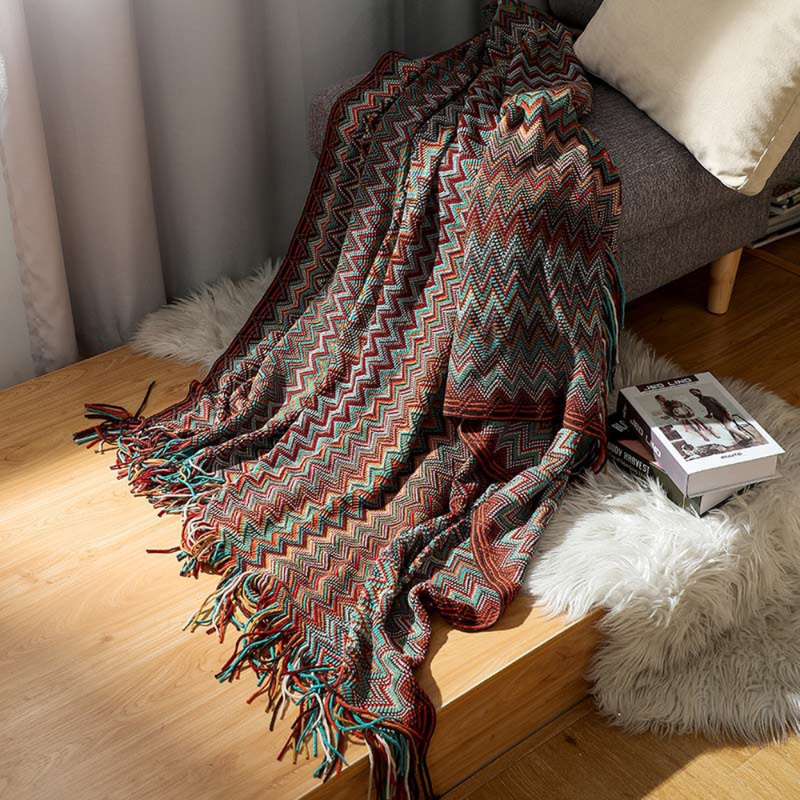 Multicolour Zigzag Tasseled Knit Throw