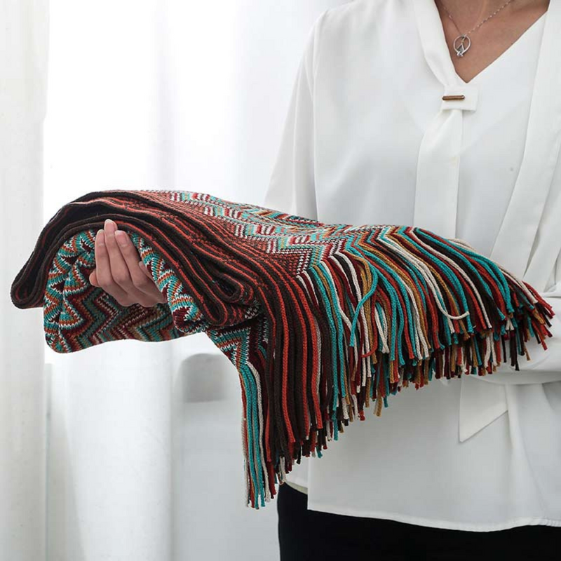 Multicolour Zigzag Tasseled Knit Throw