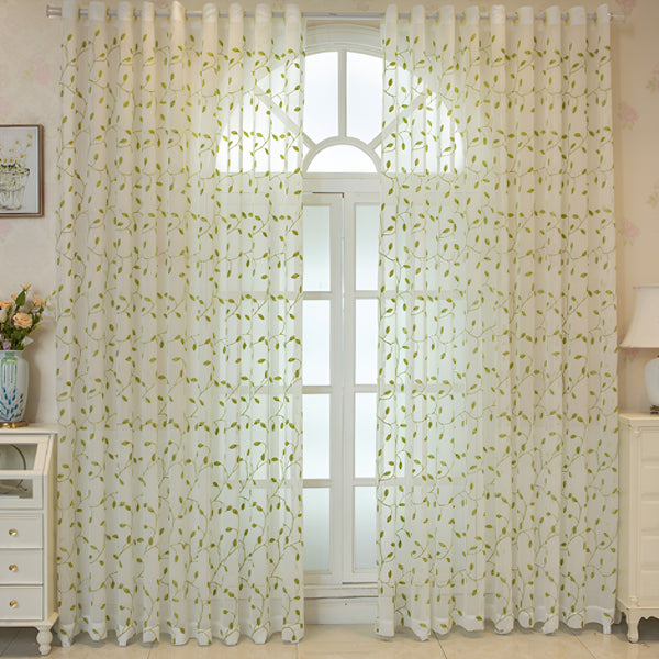 Green Leaf Embroidered Sheer Curtains