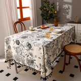 Black Floral Tasseled Farmhouse Tablecloth