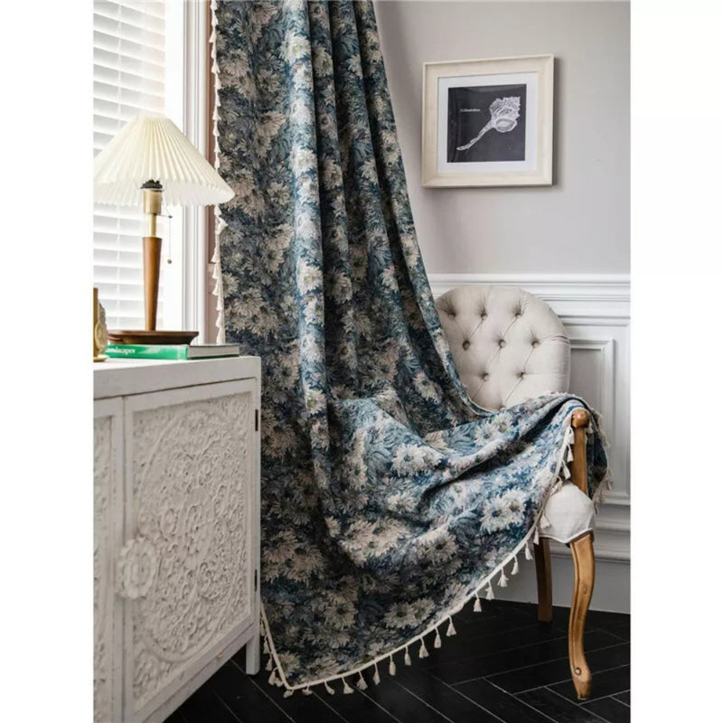 Navy Floral Tassel Curtains