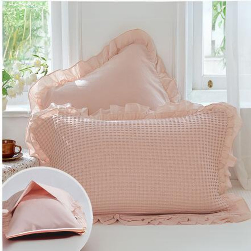 Waffle Weave Cotton Pillowcases with Ruffle (2PCS)