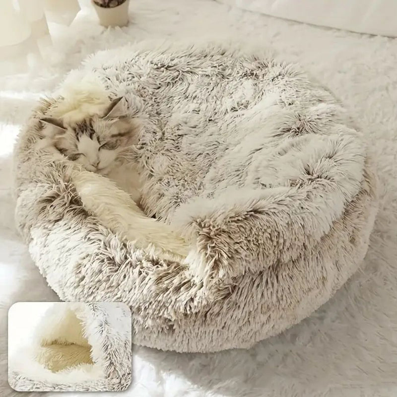 Round Hooded Faux Fur Pet Bed