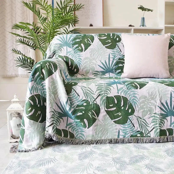 Palm Leaves Sofa Cover Tassel Blanket