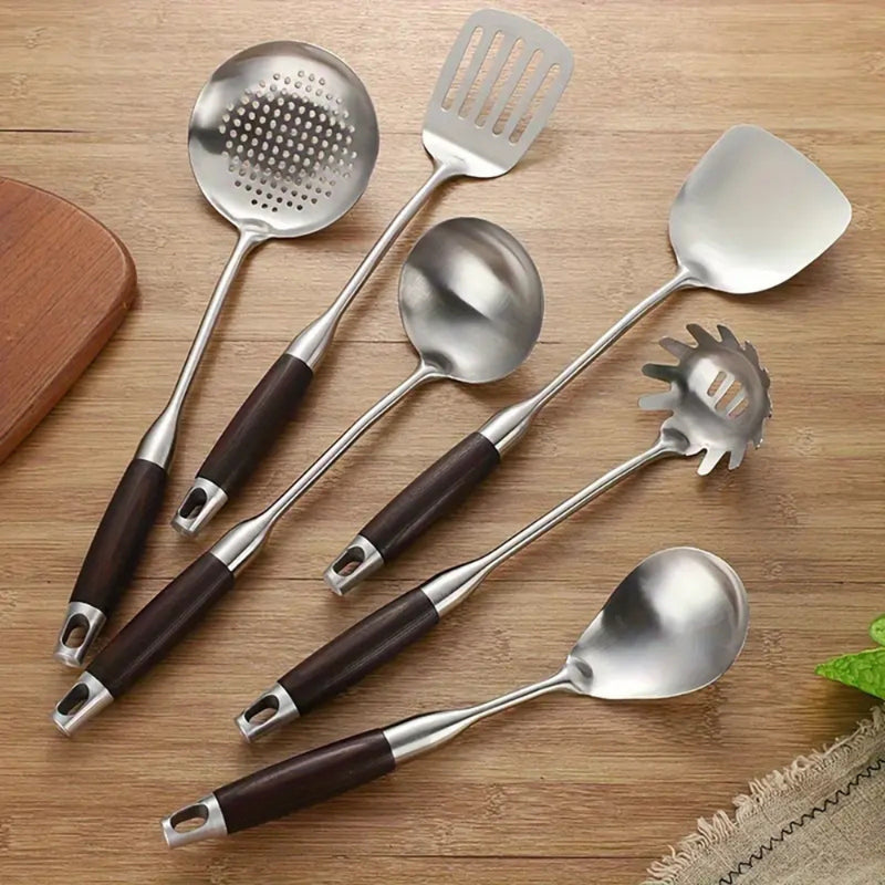 Gleaming Stainless Steel Wooden Utensils | 6Pcs Set