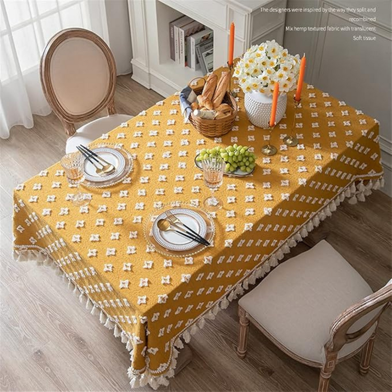 Versatile Yellow Embroidered Tassel Tablecloth