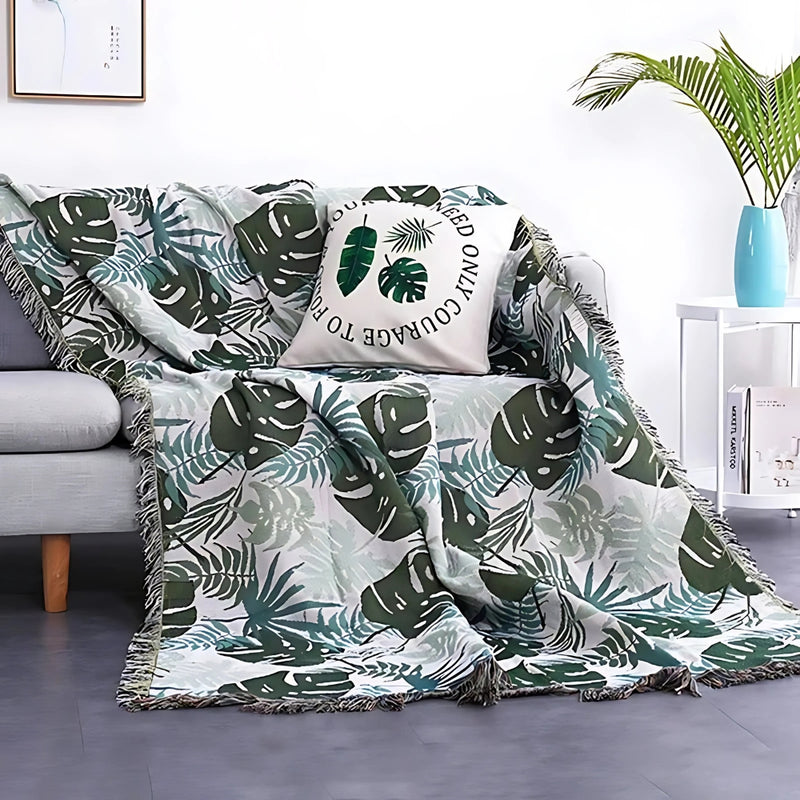 Palm Leaves Sofa Cover Tassel Blanket