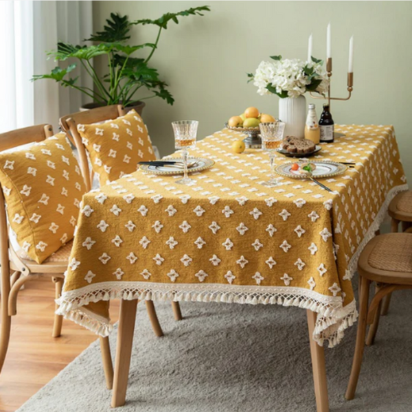 Versatile Yellow Embroidered Tassel Tablecloth