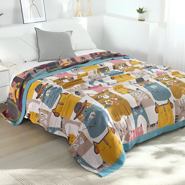 Whimsical Cat-Themed Reversible Blanket