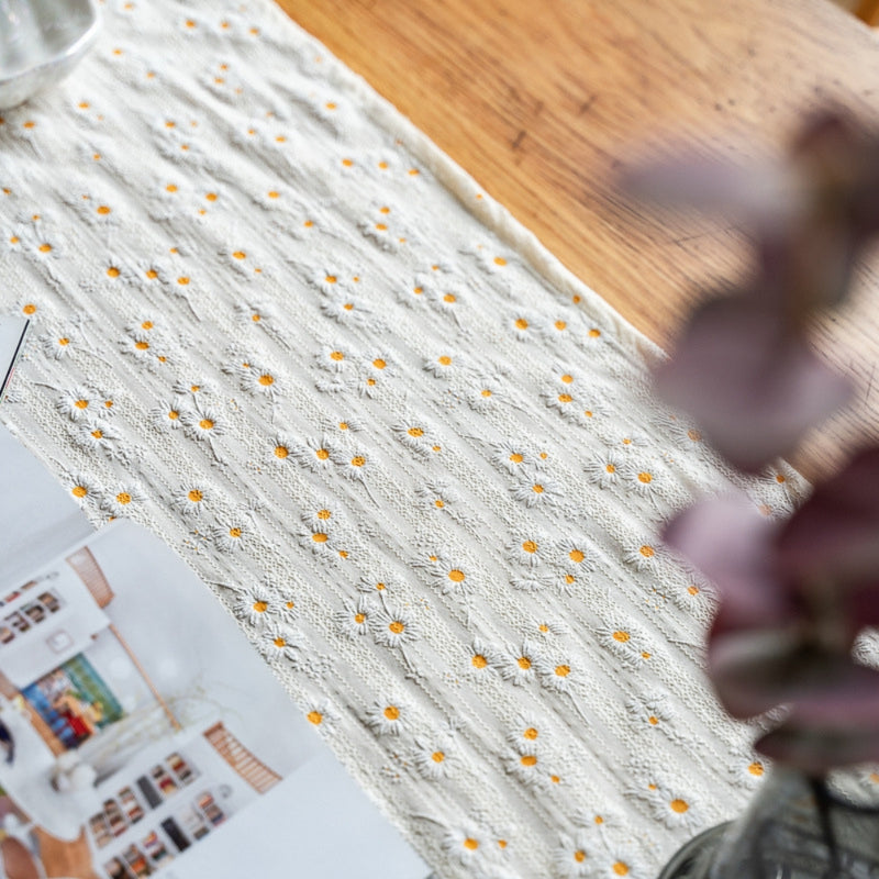 Playful Daisy Embroidered Boho Table Runner