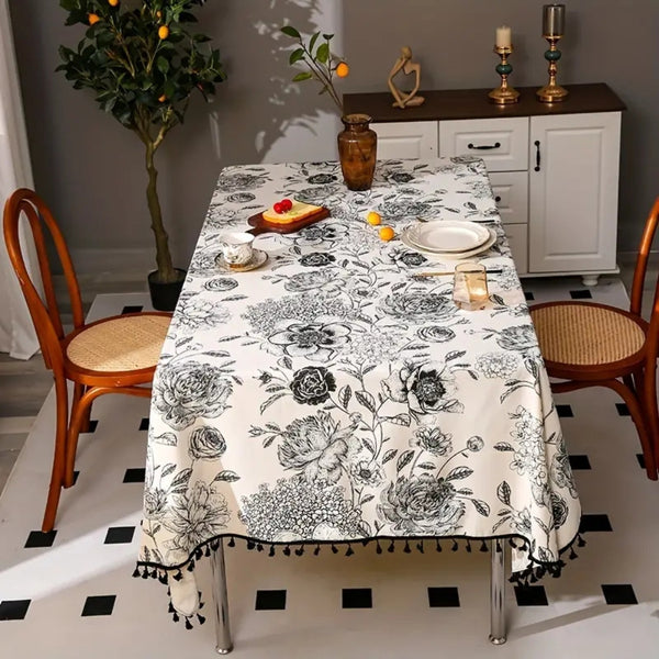 Black Floral Tasseled Farmhouse Tablecloth