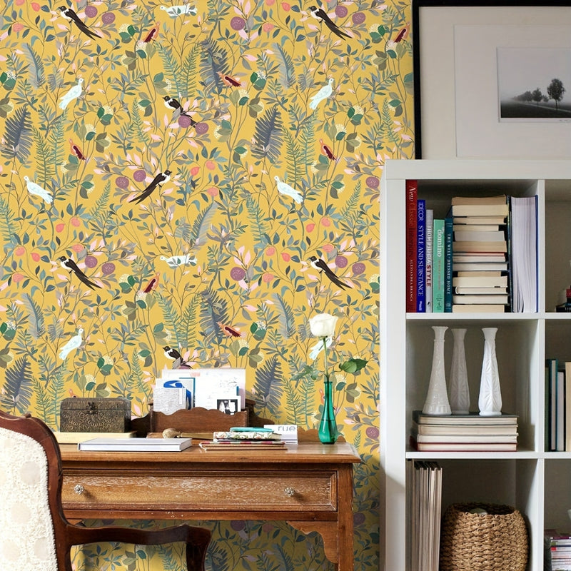 Golden Canopy Bird and Leaf Peelable Wallpaper