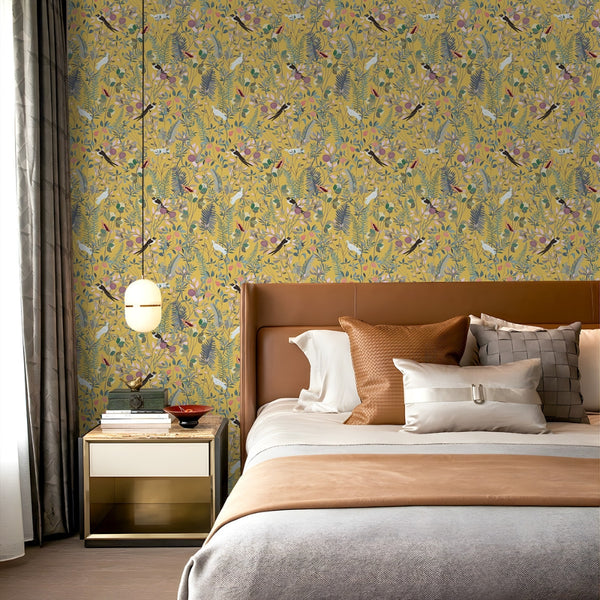 Golden Canopy Bird and Leaf Peelable Wallpaper