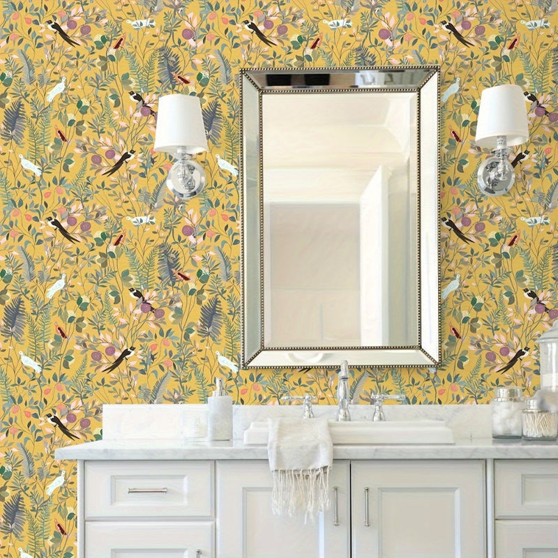 Golden Canopy Bird and Leaf Peelable Wallpaper