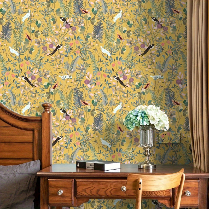 Golden Canopy Bird and Leaf Peelable Wallpaper