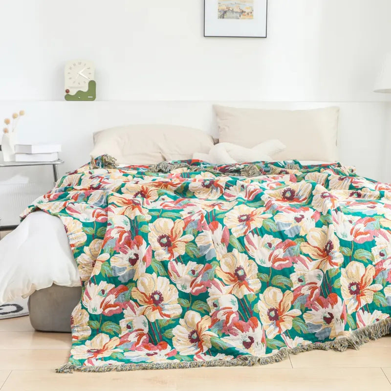 Sunlit Floral Tassel Cotton Blanket
