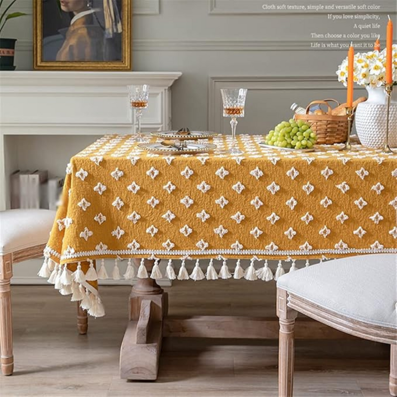 Versatile Yellow Embroidered Tassel Tablecloth