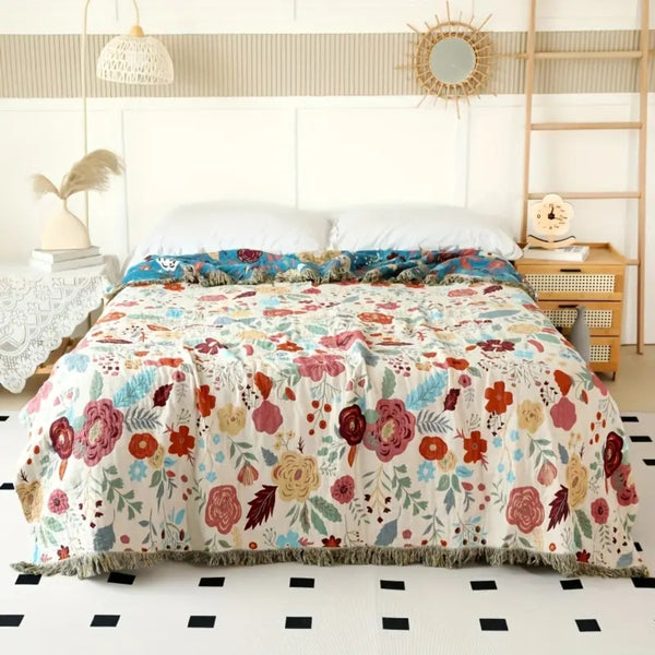 Vibrant Floral Garden Tassel Trim Blanket