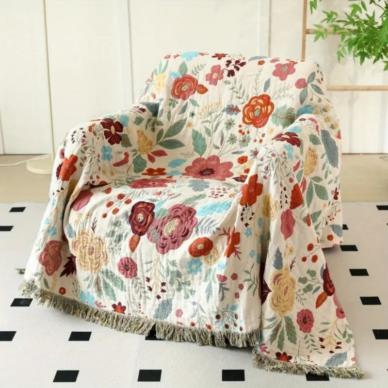 Vibrant Floral Garden Tassel Trim Blanket