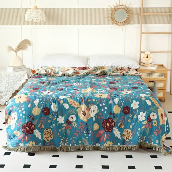 Vibrant Floral Garden Tassel Trim Blanket