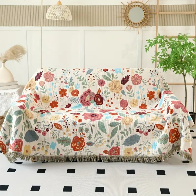 Vibrant Floral Garden Tassel Trim Blanket