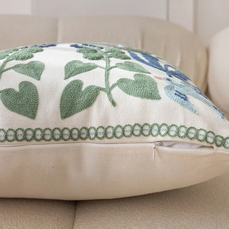 Vintage Botanical Embroidery Cushion Cover